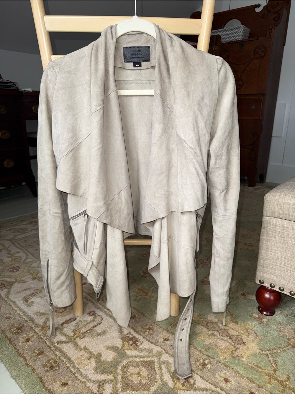 RUDSAK Women's Draped Leather Jacket in Light Beige